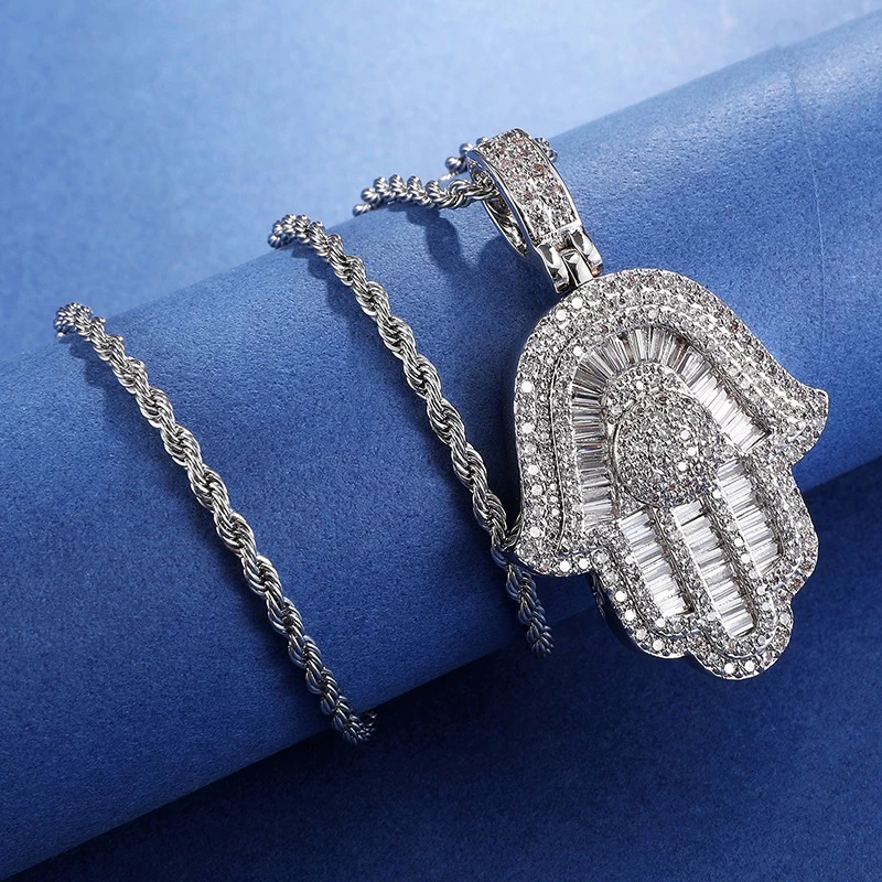 14k 5A Baguette CZ Bling Hamsa Hand Necklace