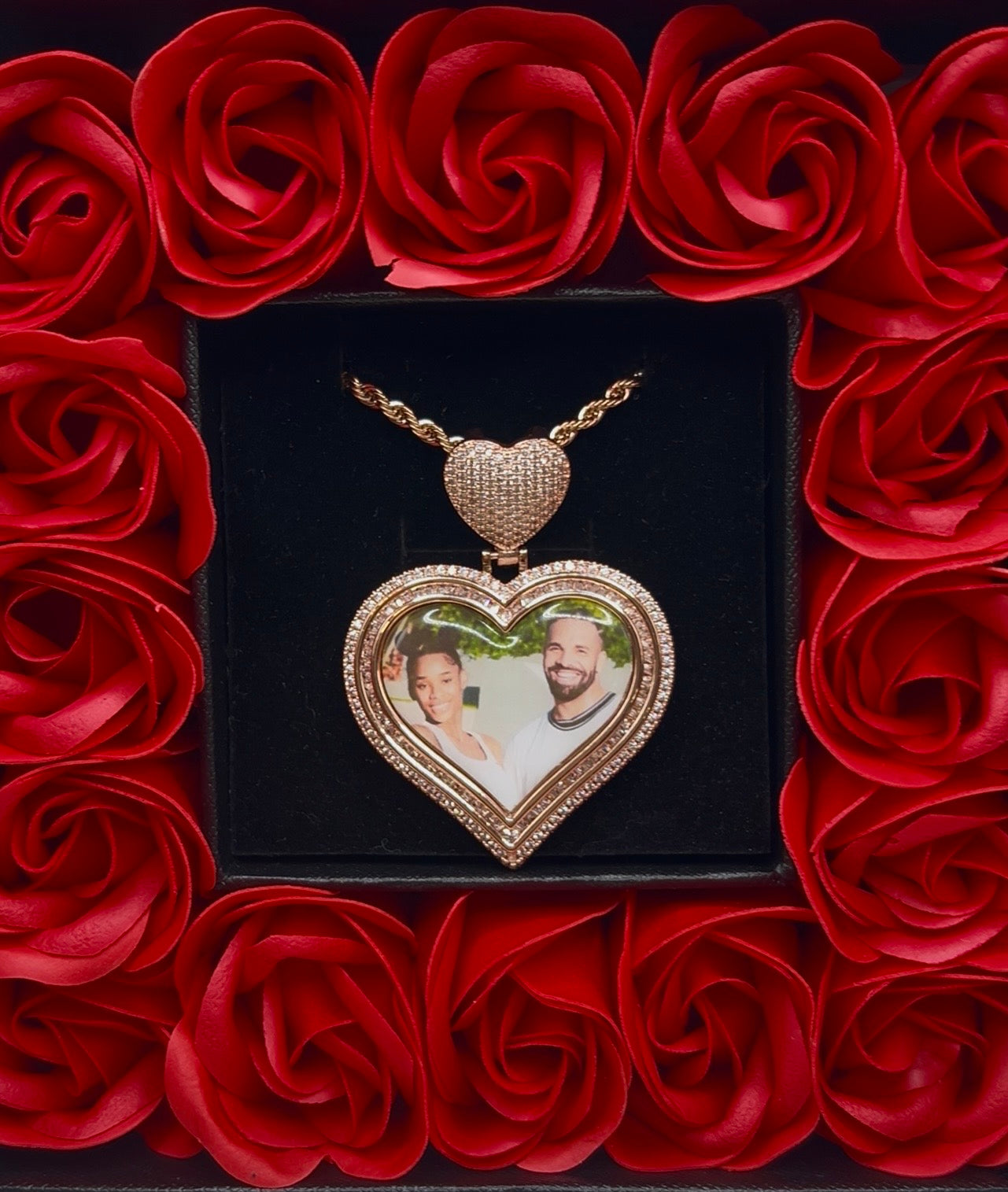 Valentines Day Special Baguette Heart Photo Pendant Forever Rose Box