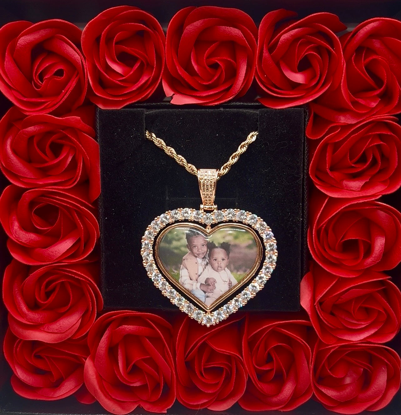 Valentines Day Special Heart Double Photo Pendant Forever Rose Box