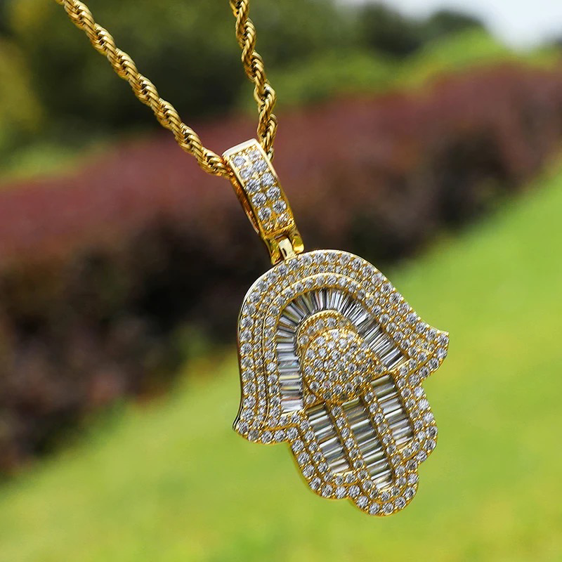 14k 5A Baguette CZ Bling Hamsa Hand Necklace