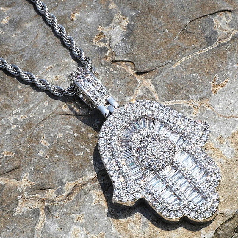 14k 5A Baguette CZ Bling Hamsa Hand Necklace