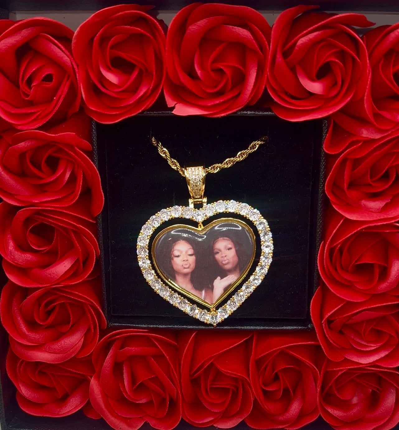 Valentines Day Special Heart Double Photo Pendant Forever Rose Box
