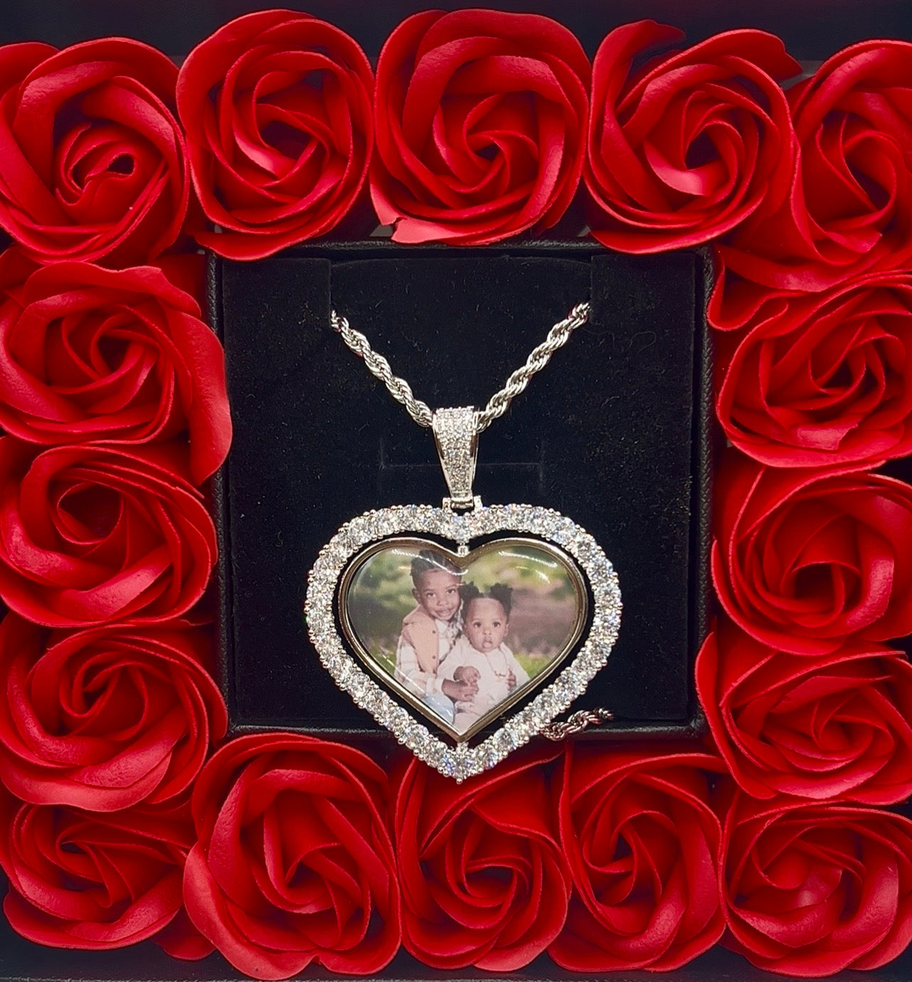 Valentines Day Special Heart Double Photo Pendant Forever Rose Box