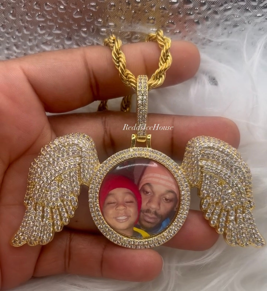 High Quality BIG Wing Photo Necklace/ Non Tarnish  hypoallergenic W/ Cz diamonds