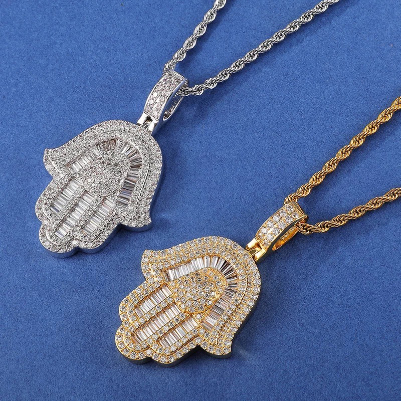 14k 5A Baguette CZ Bling Hamsa Hand Necklace