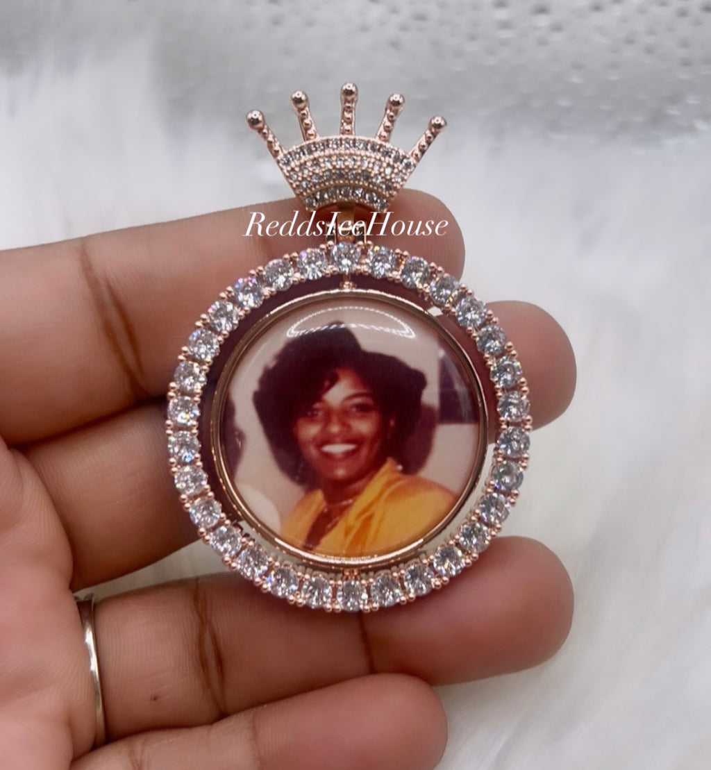High Quality Crown Bail Double Sided Photo Necklace/ Non Tarnish  hypoallergenic W/ Cz diamonds