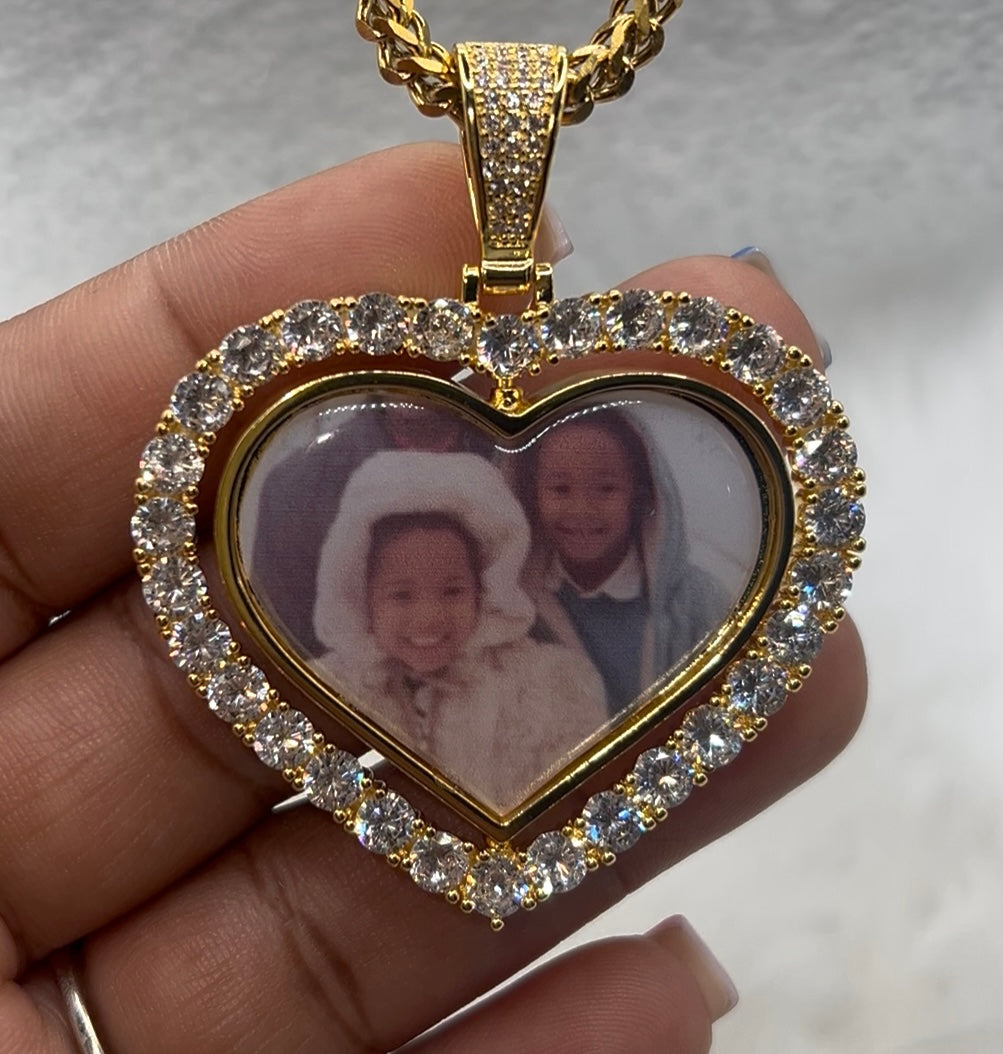 High Quality Heart Double Sided Photo Necklace/ Non Tarnish  hypoallergenic W/ Cz diamonds