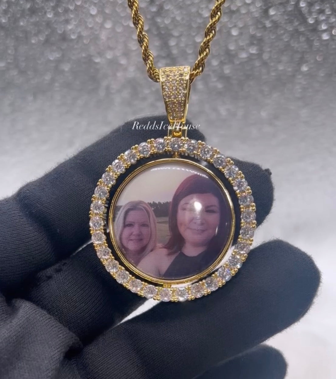 High Quality Double Sided Photo Necklace/ Non Tarnish  hypoallergenic W/ Cz diamonds