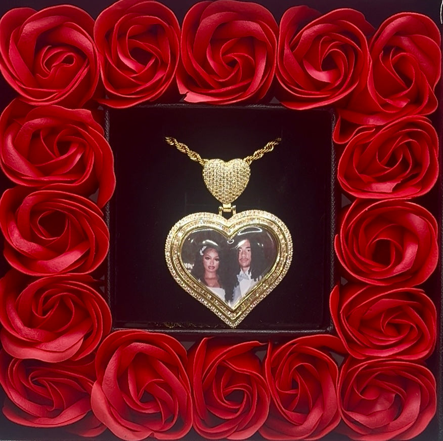 Valentines Day Special Baguette Heart Photo Pendant Forever Rose Box
