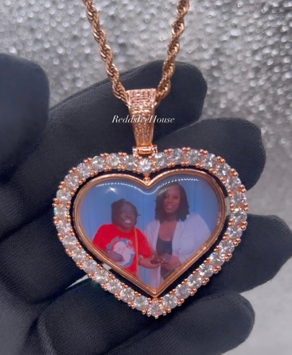 High Quality Heart Double Sided Photo Necklace/ Non Tarnish  hypoallergenic W/ Cz diamonds