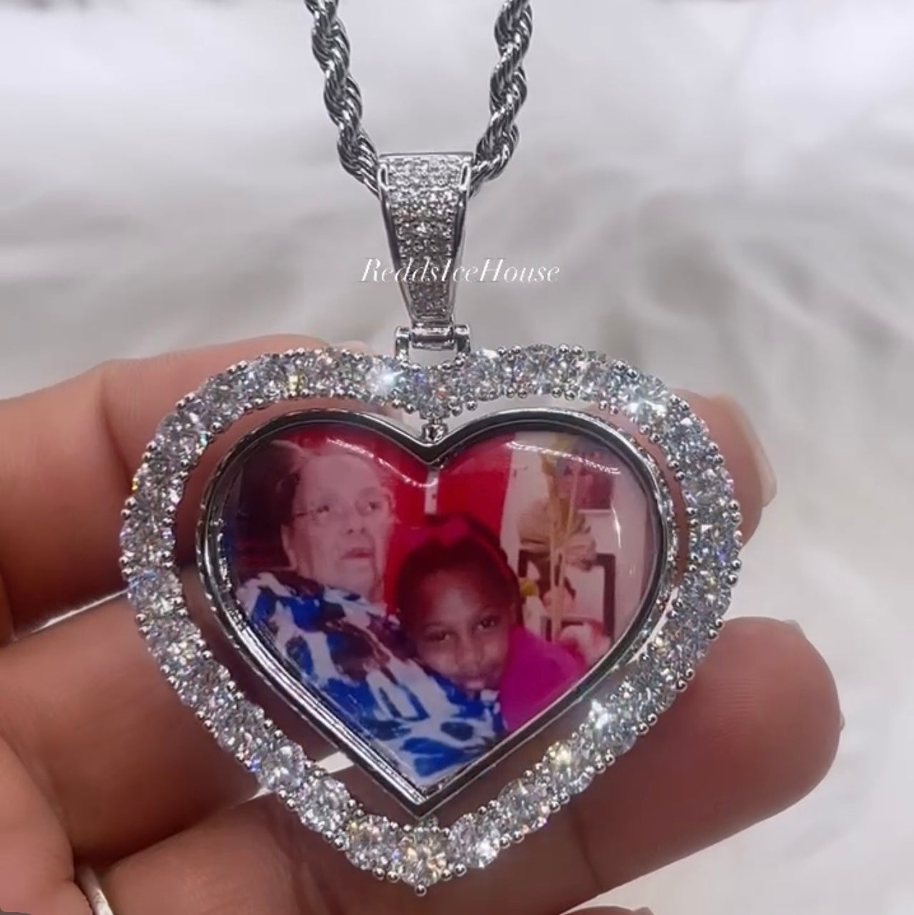 High Quality Heart Double Sided Photo Necklace/ Non Tarnish  hypoallergenic W/ Cz diamonds