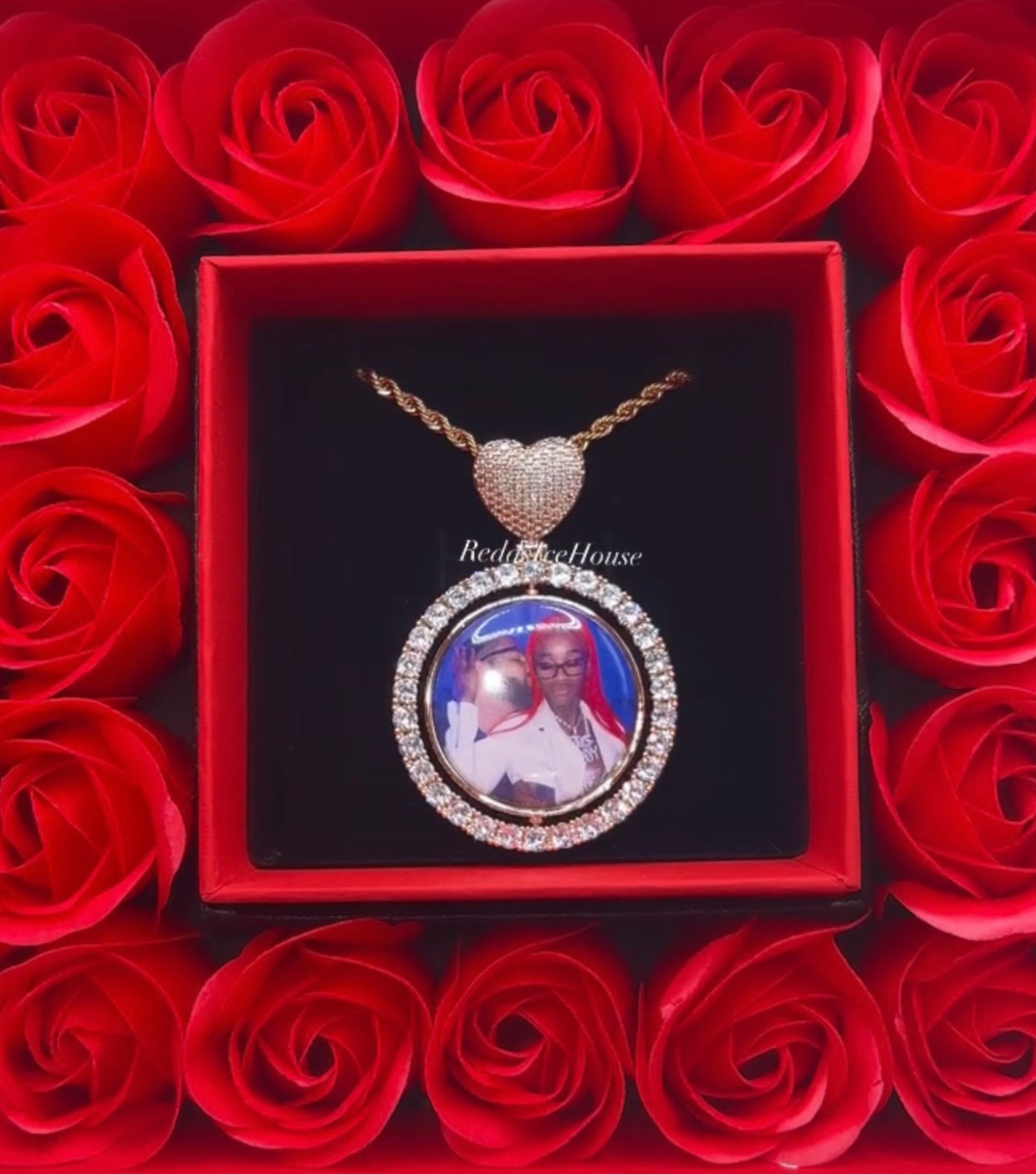 Valentines Day Special Heart Bail Double Photo Pendant Forever Rose Box