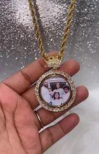 High Quality Crown Bail Double Sided Photo Necklace/ Non Tarnish  hypoallergenic W/ Cz diamonds